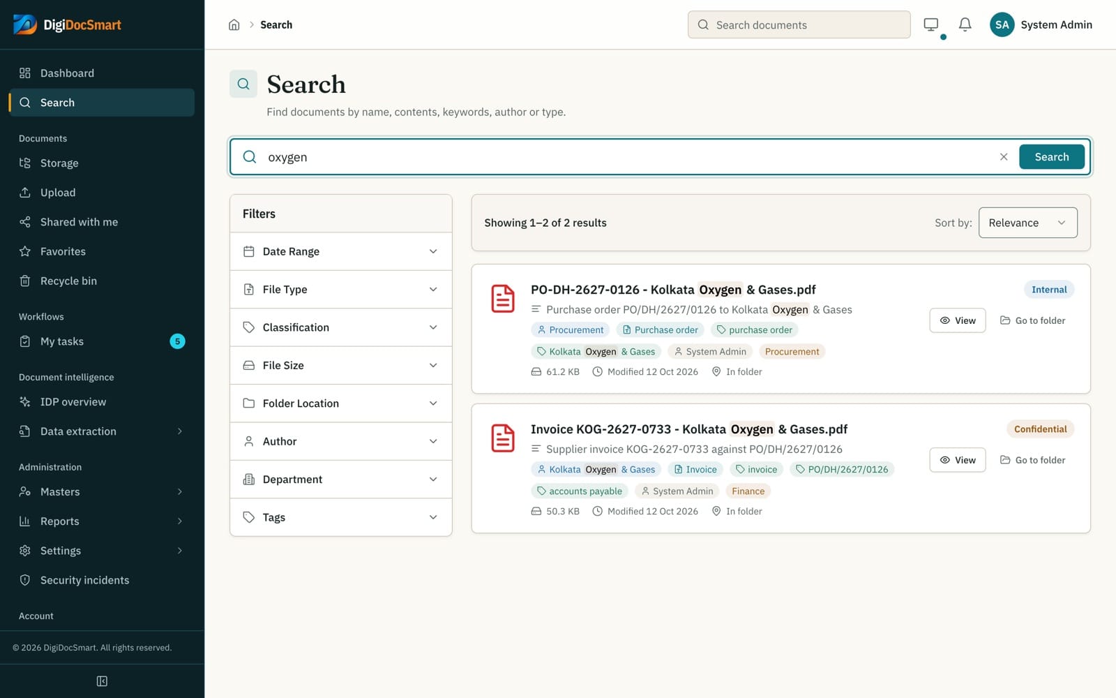 DigiDocSmart full-text search results with filters for department, type, author and date