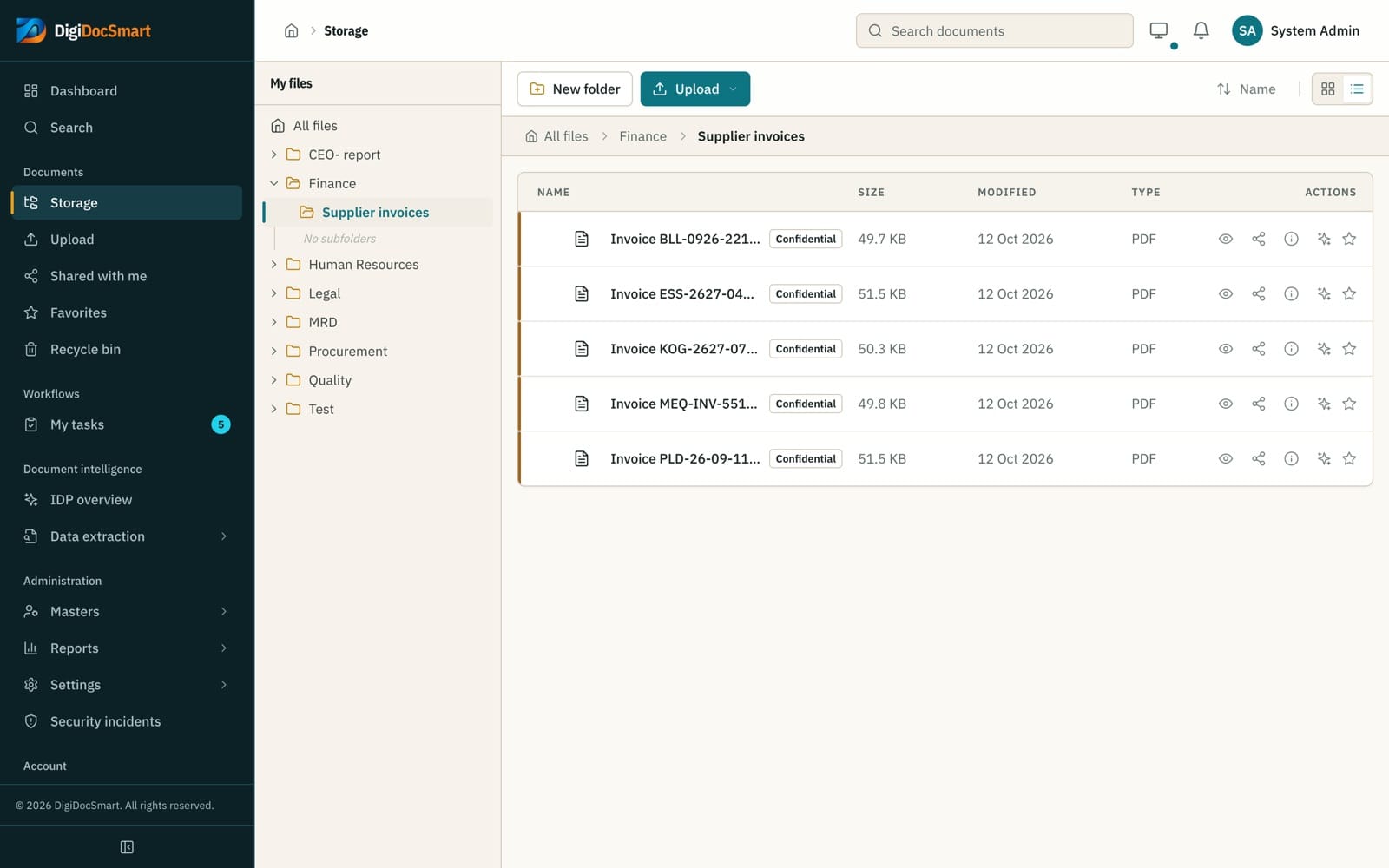 DigiDocSmart storage screen with department folders and a classification label on each file