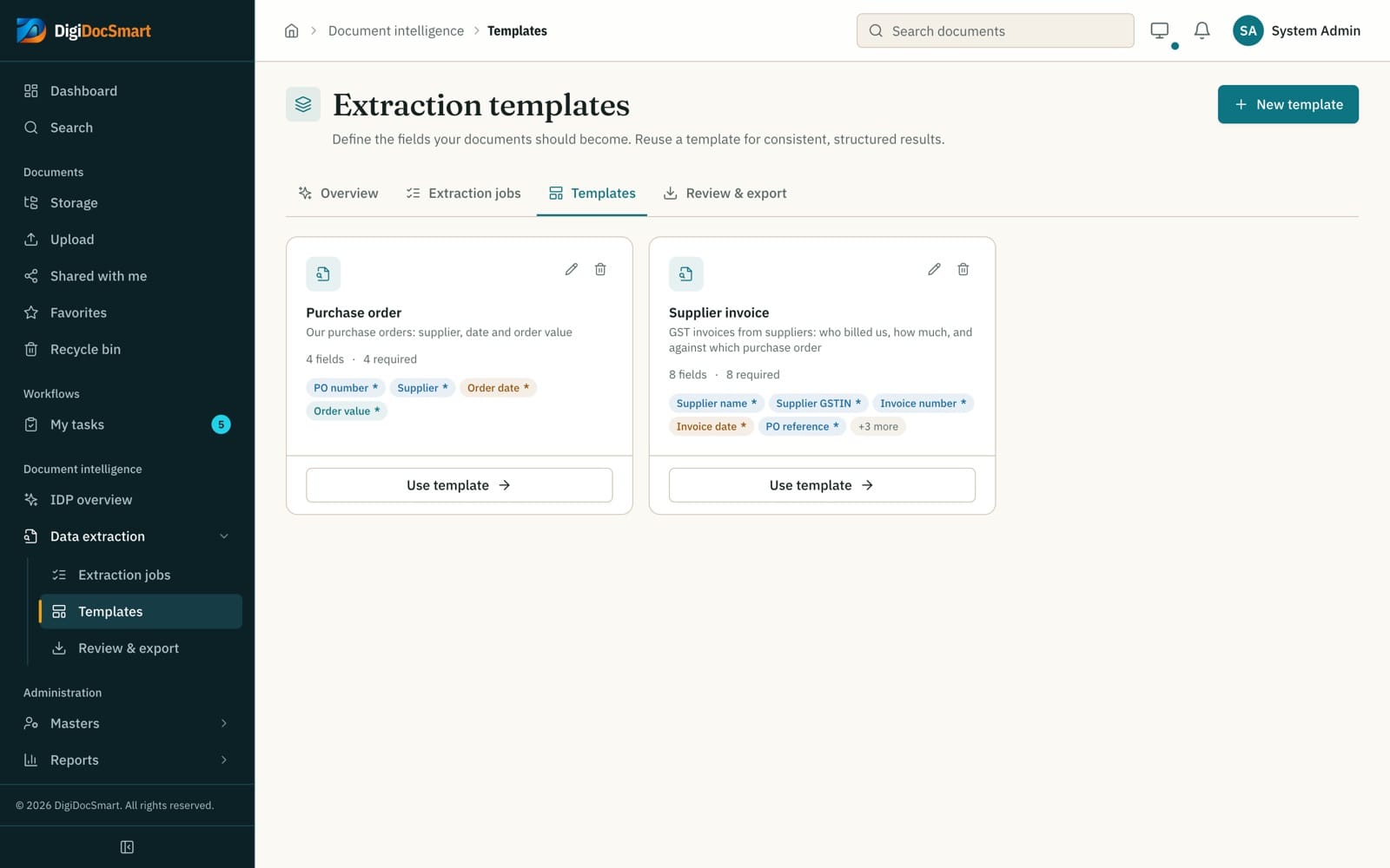 DigiDocSmart data extraction templates for invoices, purchase orders and certificates