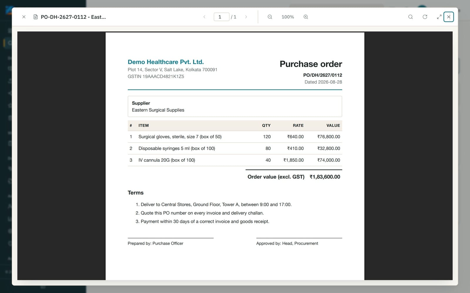 DigiDocSmart document viewer showing a PDF open in the browser with zoom and page controls